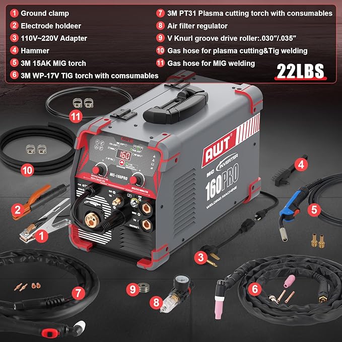 AWT MIG Welding Machine,160A 5 in 1 Plasma Cutter Welder Combo HF TIG/Gas MIG/Flux MIG/Stick Welding,110/220V Dual Voltage, Multi-Process Welder MIG88-160M
