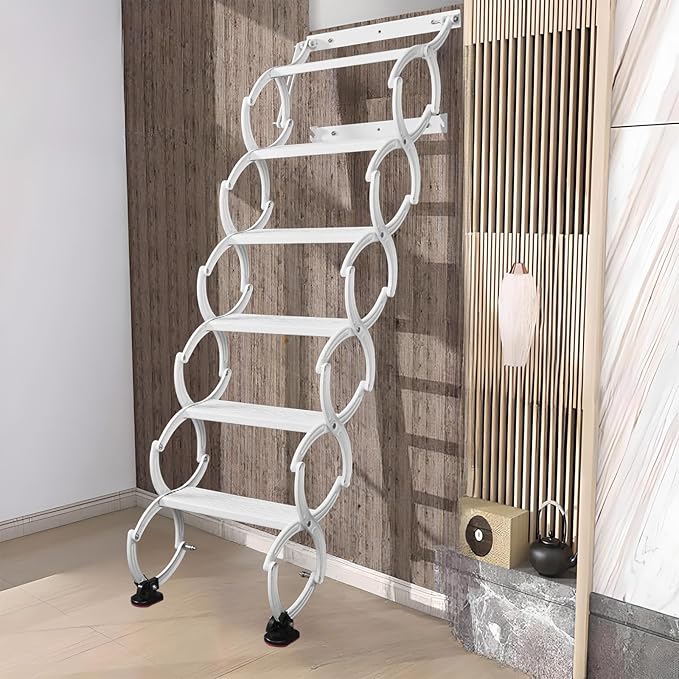 6 Steps Wall Mounted Attic Ladder, Indoor Attic Stairs Pull Down System, Metal Telescoping Step Ladders, Anti-slip Retractable Folding Stair, Loft Extension Steps Staircase for Garages(black, 6 Steps)