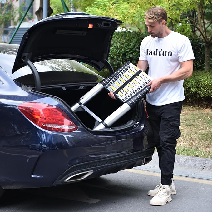 JADDUO 12.5FT Telescoping Ladder Aluminum Lightweight Extension Ladder with 2 Triangle Stabilizers Compact Collapsible Ladder for Travel, Home & RV