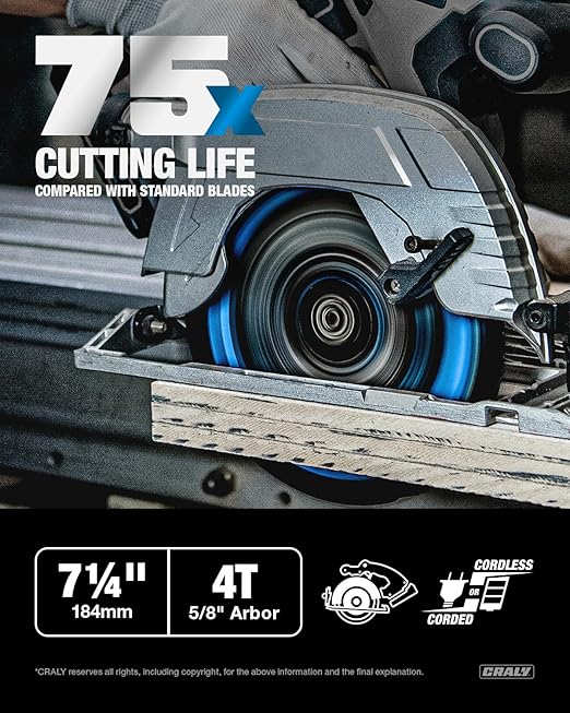CRALY 7-1/4 Inch 4 Teeth Hardie Fiber Cement Circular Saw Blade, 5/8 Inch Arbor, Polycrystalline Diamond Tipped (PCD), Thin Kerf, Black Ice™ Coating, for Laminate Flooring(C0704FC)