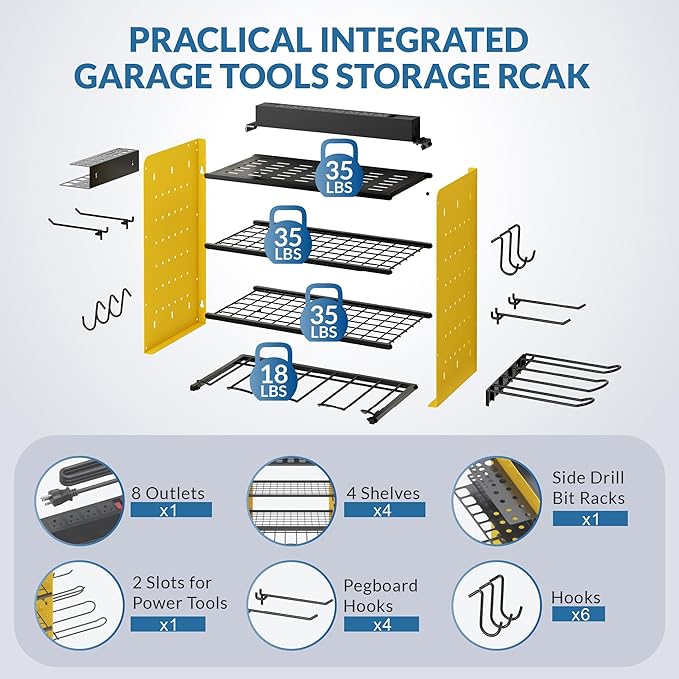Power Tool Organizer with Charging Station, 4 Layers Garage Storage Rack with 6 Drill Holders, Father's Days Gift For Dad, Wall Mount Garage Organizer Built in 8 Outlets Power Strip, Yellow