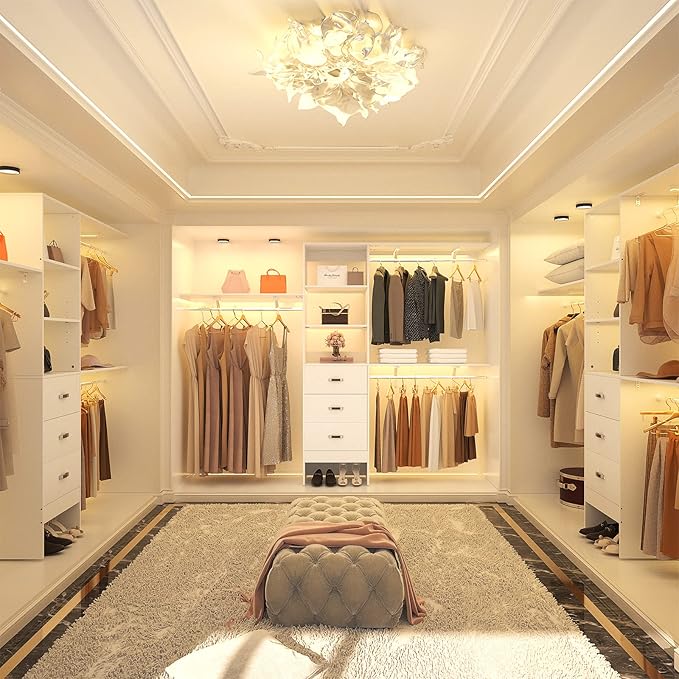 8FT Closet System, 96'' Closet Organizer System with 3 Hanging Rods, Wall Mount Bedroom Wardrobe with 3 Drawers Walk-in Closet, Adjustable Cloth Garment Rack from 5 to 8FT (Cut to Fit), White