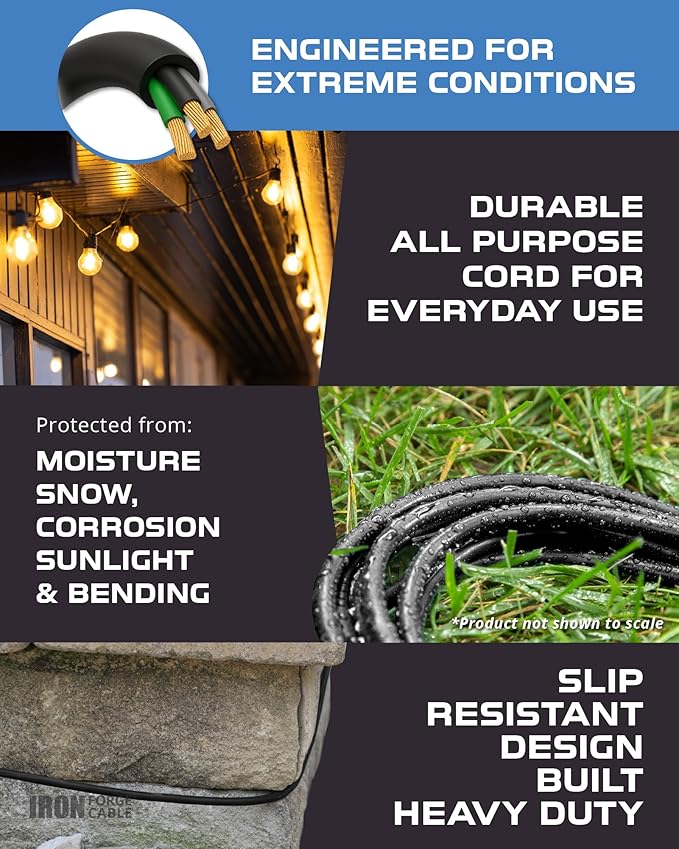 Iron Forge Cable 3 Outlet Outdoor Extension Cord 10 ft, 16/3 SJTW Black Extension Cord with Multiple Outlets 3 Prong, Weatherproof 13 Amp Exterior Power Cable for Outdoor Lights, Lawn & Landscaping