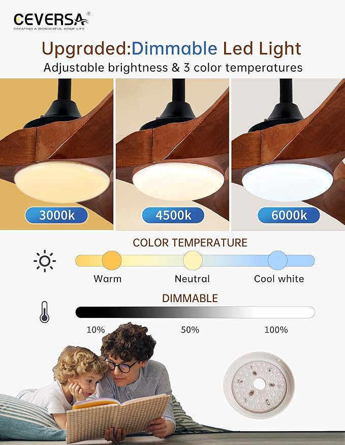 52 Inch Ceiling Fans with Lights and Remote,Solid Wood Indoor/Outdoor Ceiling Fans for Patios,Memory Function,Quiet DC Motor High CFM,Propeller 3 Blades for Porch,Farmhouse,Walnut