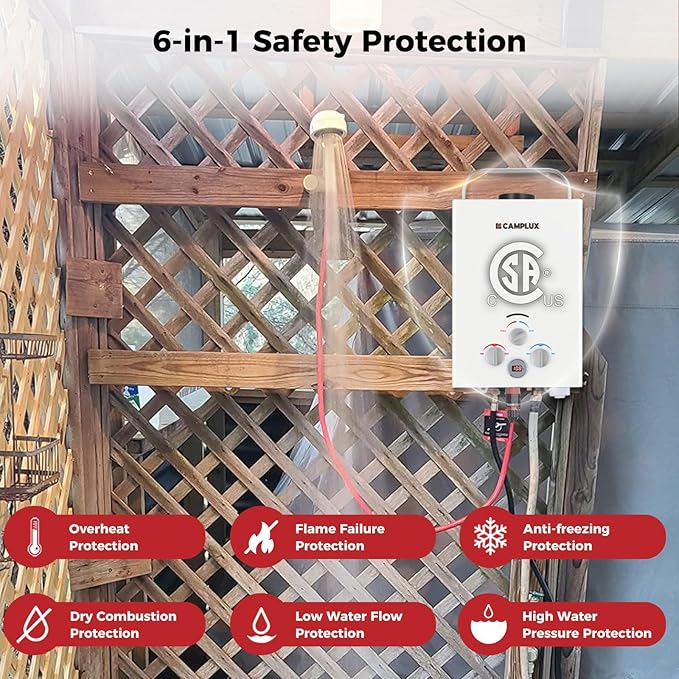 Portable Camplux Propane 1.58 GPM Tankless Gas, On Demand Water Heater, White