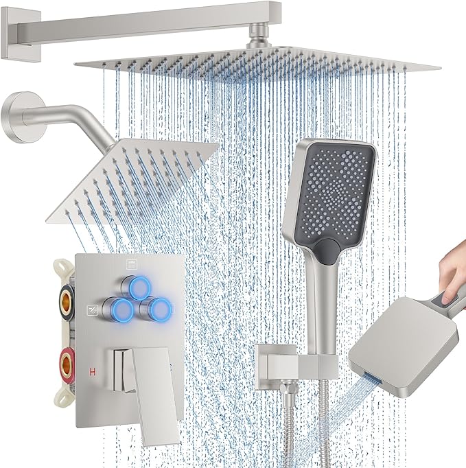 Shower Faucet Set, 12" Wall Mount Rainfall Shower System with 2 Rain Shower Head and Multi-function Handheld Head Push Button Diverter Shower Faucet Trim Kit, Brushed Nickel