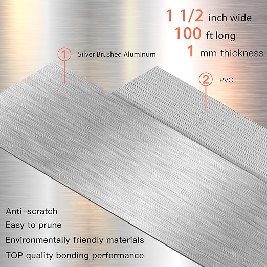 GSCIT Club Silver Edge Banding, 1 1/2 Inch x 100ft Aluminum Brushed Edge Banding PVC Edge Trim for Cabinet Repair Furniture