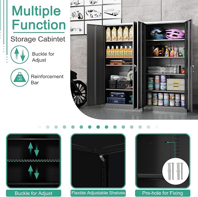 Black Metal Storage Cabinet with Door, Locking Steel Cabinet with 4 Adjuestable Shelves, Tall Lockable Garage Tool Storage Cabinet for Home, Office, Pantry, Assembly Required