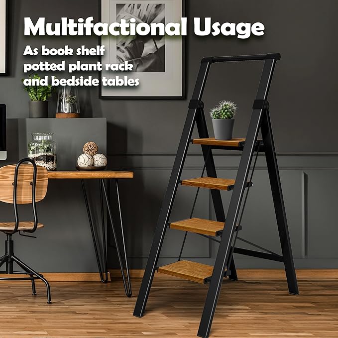 Taranta 4 Step Ladder, Portable Folding Ladder with Wide Pedal, Lightweight Aluminum Step Stool with Convenient Handgrip, 330 lbs Capacity Stepladder for Home, Office - BlackWoodgrain