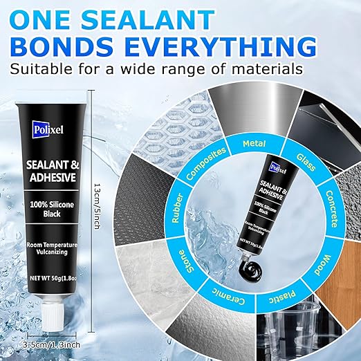 Black RTV Silicone Sealant Adhesive, 100% Silicone Caulk, All-Purpose Waterproof Sealant for Car, Window, Bathroom, Kitchen, Shrink & Crack Proof High Bond Strength Adhesive – 1.8oz / 50g