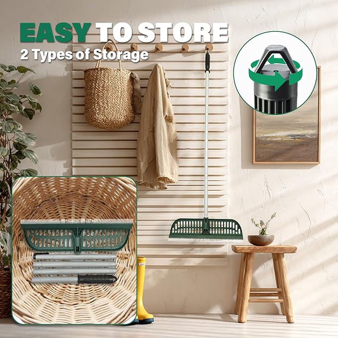 Artificial Turf Rake, 2 in 1 Turf Rake with Adjustable Steel Handle, 30" to 53" Long, 17.9 inch Wide for Artificial Grass and Lawn Leaf Removal, Carpet Rakes, Pet Hair Removal