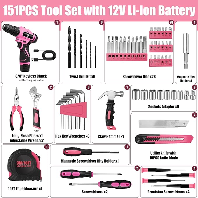 Pink Tool Set - 12V Cordless Drill Kit, 151 Piece Box With Hand Drill, Home Tool Kits for Men & Women, Perfect for Homeowner, Diyer, Handyman