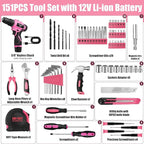 Pink Tool Set - 12V Cordless Drill Kit, 151 Piece Box With Hand Drill, Home Tool Kits for Men & Women, Perfect for Homeowner, Diyer, Handyman