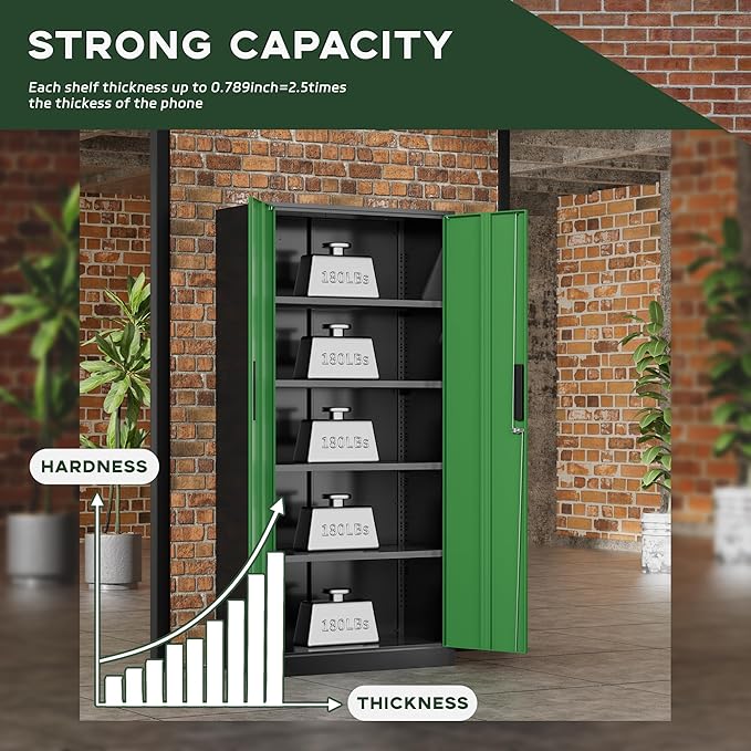 Greenvelly Metal Garage Storage Cabinet, 72" Black Green Tool Steel Locking Cabinet with Doors and 4 Shelves, Tall Cabinets for Garage Storage Systems Lockable File Cabinet for Home Office,Garage