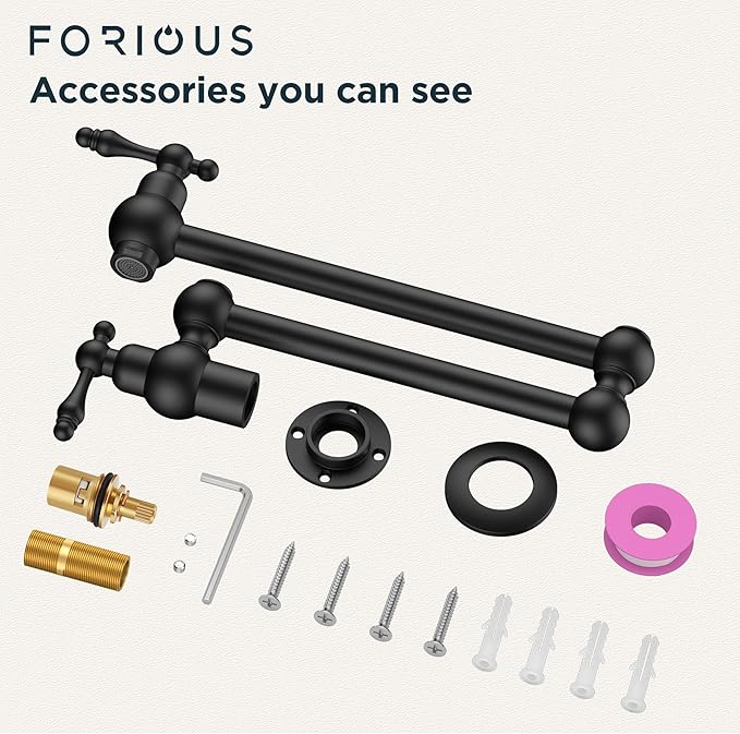 FORIOUS Pot Filler Faucet Matte Black, Folding Stretchable Solid Brass Wall Mount Commercial Traditional Faucet Over Stove with Antique Double Joint Swing Arm for Kitchen Restaurant Vintage