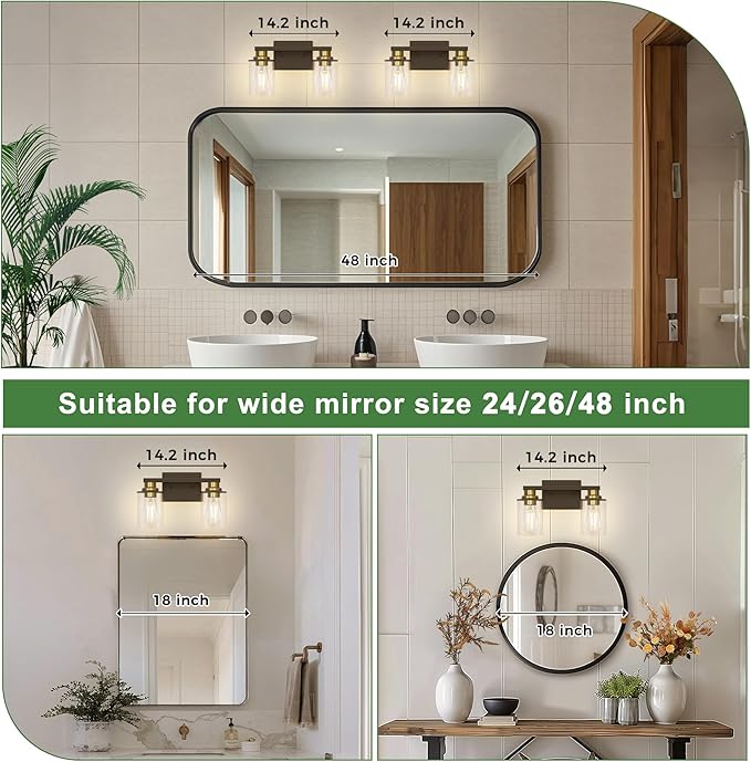 DORESshop Bathroom Light Fixtures, 2-Light Black and Gold Bathroom Lights Over Mirror with Clear Glass Shade, Vanity Lights for Hallway Bedroom Living Room, ETL Listed