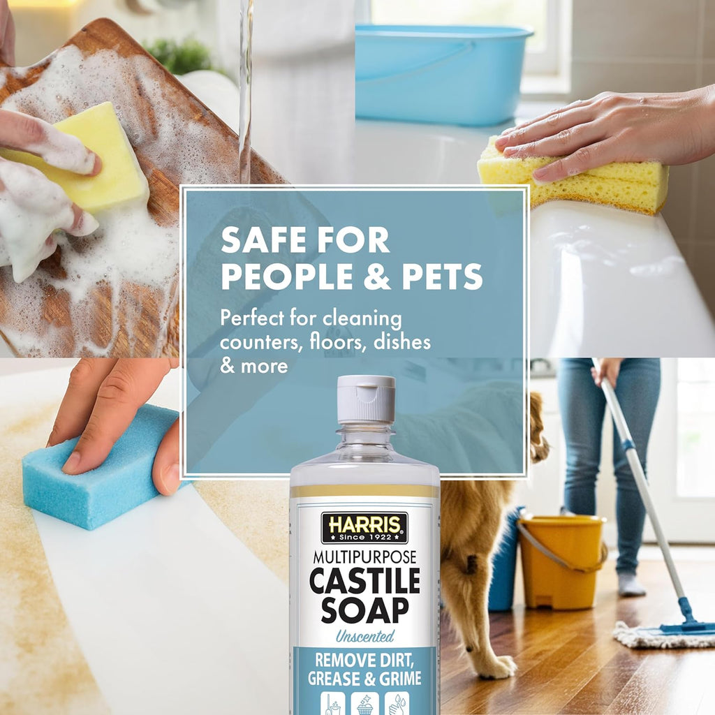 HARRIS Multi-Purpose Pure Liquid Castile Soap for Home Cleaning, Multi-Purpose Cleaner, For Dish Soap, Laundry Detergent, Kitchen and Bathroom Surfaces, Kids Rooms, Unscented, 32 Oz