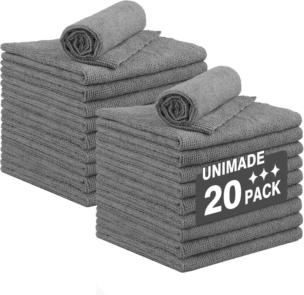 Shop Towel Rags, 20 Pack Reusable Shop Rags Bulk Microfiber Cleaning Cloth Lint Free Cleaning Towels for Car Kitchen Automotive Bar Mechanic Restaurant Garage, 11.5"x 11.5", Grey