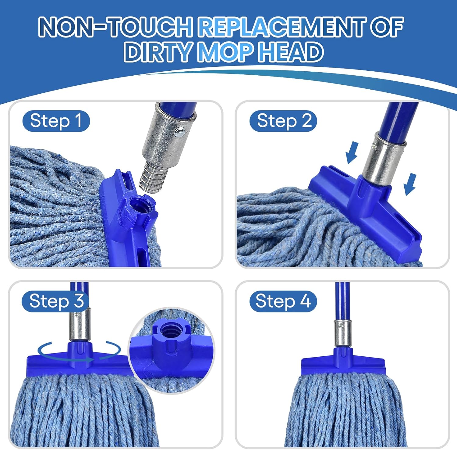 Matthew Cleaning Screw-on Heavy Duty Cotton Wet Mop Replacement Heads(Blue, Large,3Pack) with 2 Pack Microfiber Cloth for Residential & Commercial Floor Cleaning Use- Fit Standard American Screw