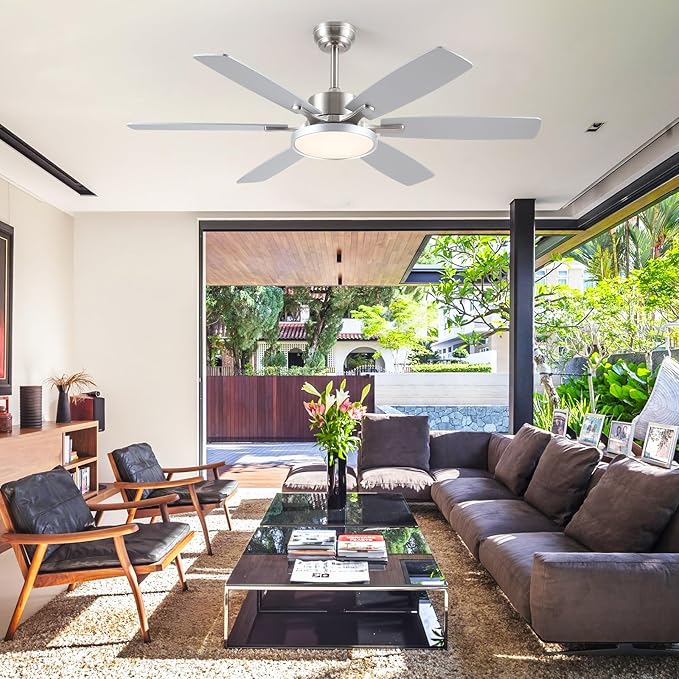 52 inch Modern Ceiling Fans with Lights Remote/APP Control,Modern Flush Mount Ceiling Fan,DC Reversible Motor, 3CCT,Surper Bright Dimmable LED Ceiling Light with Fans for Bedroom, Livingroom Nickel