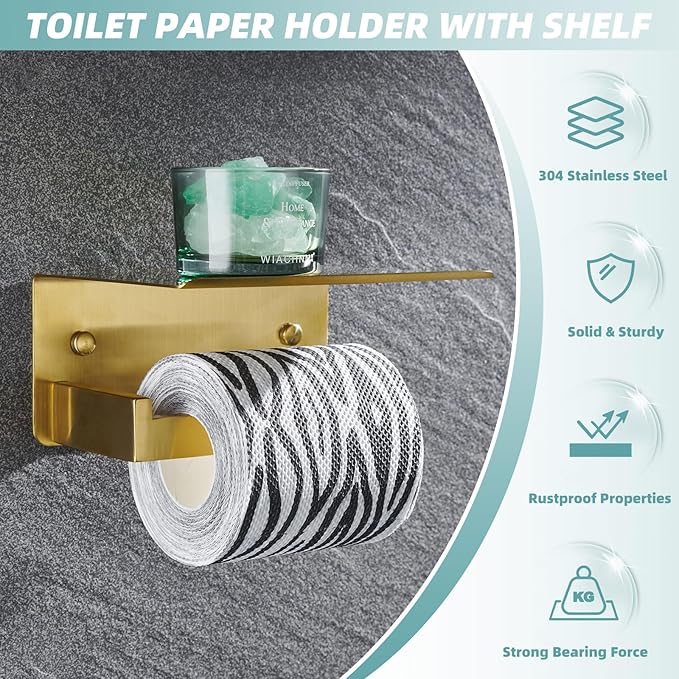 Toilet Paper Holder with Shelf Brushed Gold, APLusee SUS 304 Stainless Steel Modern Bathroom Accessories Tissue Roll Dispenser Storage