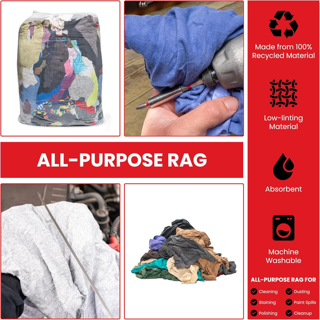 Buffalo Industries (10085PB) Recycled Multicolored T-Shirt Cloth Rags, 50 lb. bag, All-Purpose Rag for Cleaning, Paint Spills and Cleanup, Staining, Polishing, Dusting, Made from Recycled Materials
