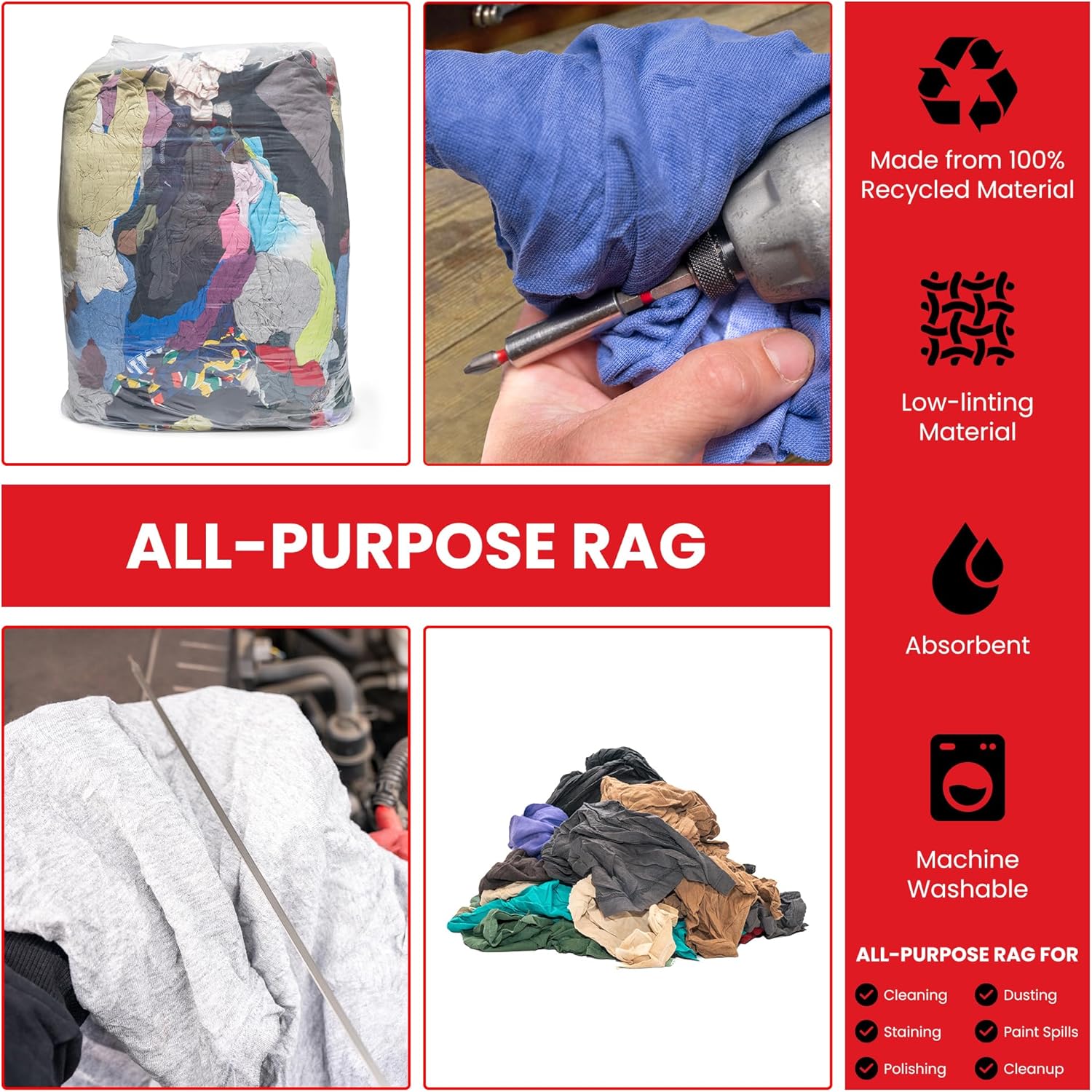 Buffalo Industries (10085PB) Recycled Multicolored T-Shirt Cloth Rags, 50 lb. bag, All-Purpose Rag for Cleaning, Paint Spills and Cleanup, Staining, Polishing, Dusting, Made from Recycled Materials