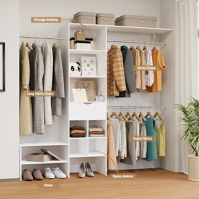 Wood Closet Organizer System, Closet Organizer with 3 Hanging Rods & 1 Wooden Drawer – Adjustable Closet System for Walk-In Closets, Wood Shelves, Fits Spaces 3-8ft, Pure White