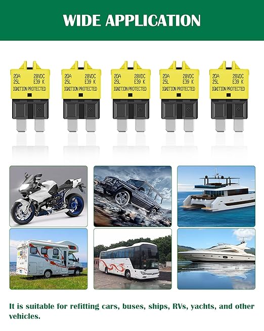 LENKRAD Automotive 20 Amp ATC/ATO Resettable Fuse 20A Manual Reset Standard Blade 20Amp Fuses Manual-Reset Circuit Breaker 20A for Car Truck RV Marine Boat Trolling Motorhome, 5 Pack