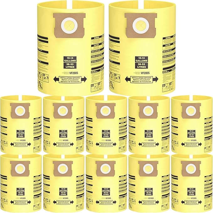 10PCS 10-14 Gallon Vacuum Bags for Shop Vac Bags, Disposable Wet Dry Vaccum Collection Bags Replace Part Type I #90672 9067200, Type F #90662 9066200 9066233, VF2005 (Yellow)