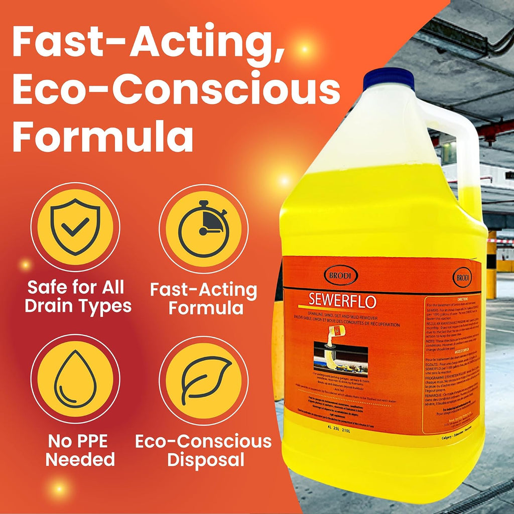 SewerFlo Main Line Sewer Drain Cleaner Heavy Duty, Clears Sand, Silt and Mud from Catch Basins, Breaks Up Clogs & Keeps Particles in Suspension, Safe & Concentrated (1 Galon, 1, Count)