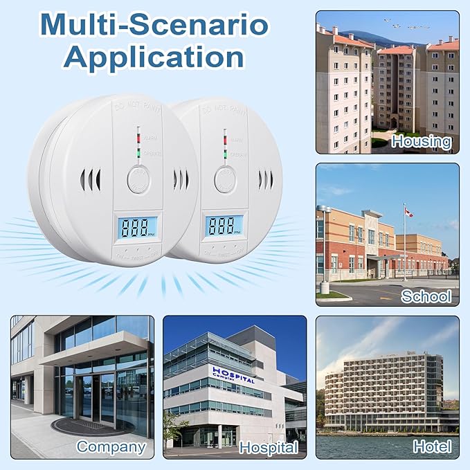 2 Pack Carbon Monoxide Detectors Battery Powered, Carbon Monoxide Alarm with LED Digital Display, CO Alarm with Human Alarm Sounds and Test Button for Home Kitchen Restaurant Hotel Office