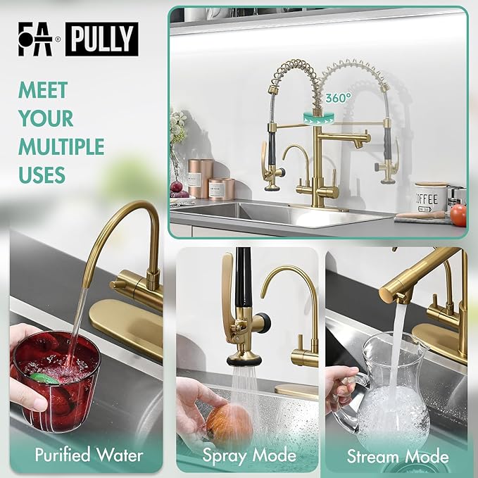 Fapully Brushed Gold Commercial Kitchen Faucet with Pull Down Sprayer and Water Filter,3 in 1 Kitchen Faucets with Drinking Water Faucet