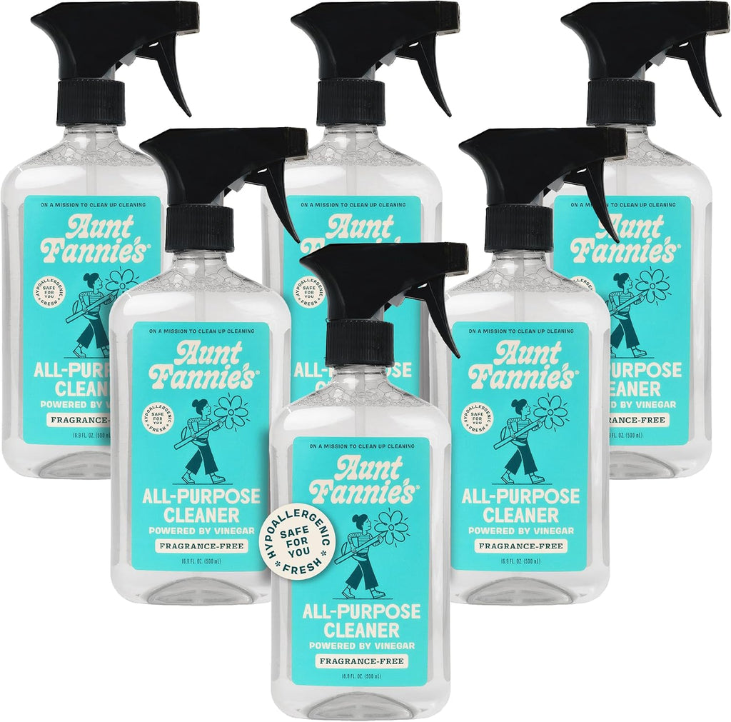 Aunt Fannie's All Purpose Household Cleaner, Multi-Surface Spray Cleaner, Powered by Vinegar for Kitchen, Bath, Windows and Countertops, Fragrance Free, Pack of 6