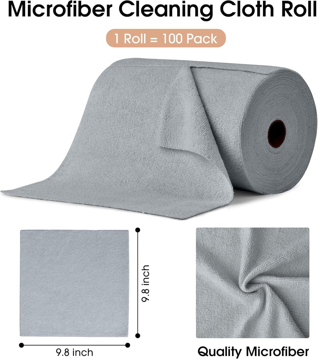 KitchLife Microfiber Cleaning Cloth Roll, 100 Pack - Tear-Away Microfiber Paper Towels, Lint-Free, Reusable, Washable for Kitchen, Car, Dishes, and Sensitive Surfaces (Grey)