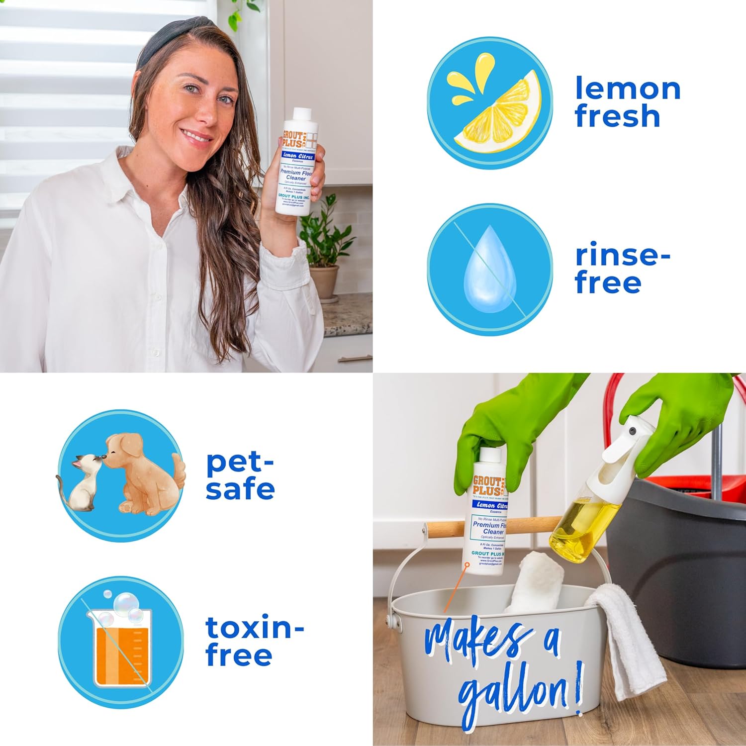 Premium Floor Cleaner, All Purpose Multi Surface Cleaner & Optically Enhanced Brightener, Neutral pH, 3X Strength, No Rinse - Lemon Citrus, 8 Oz for 1 Gal