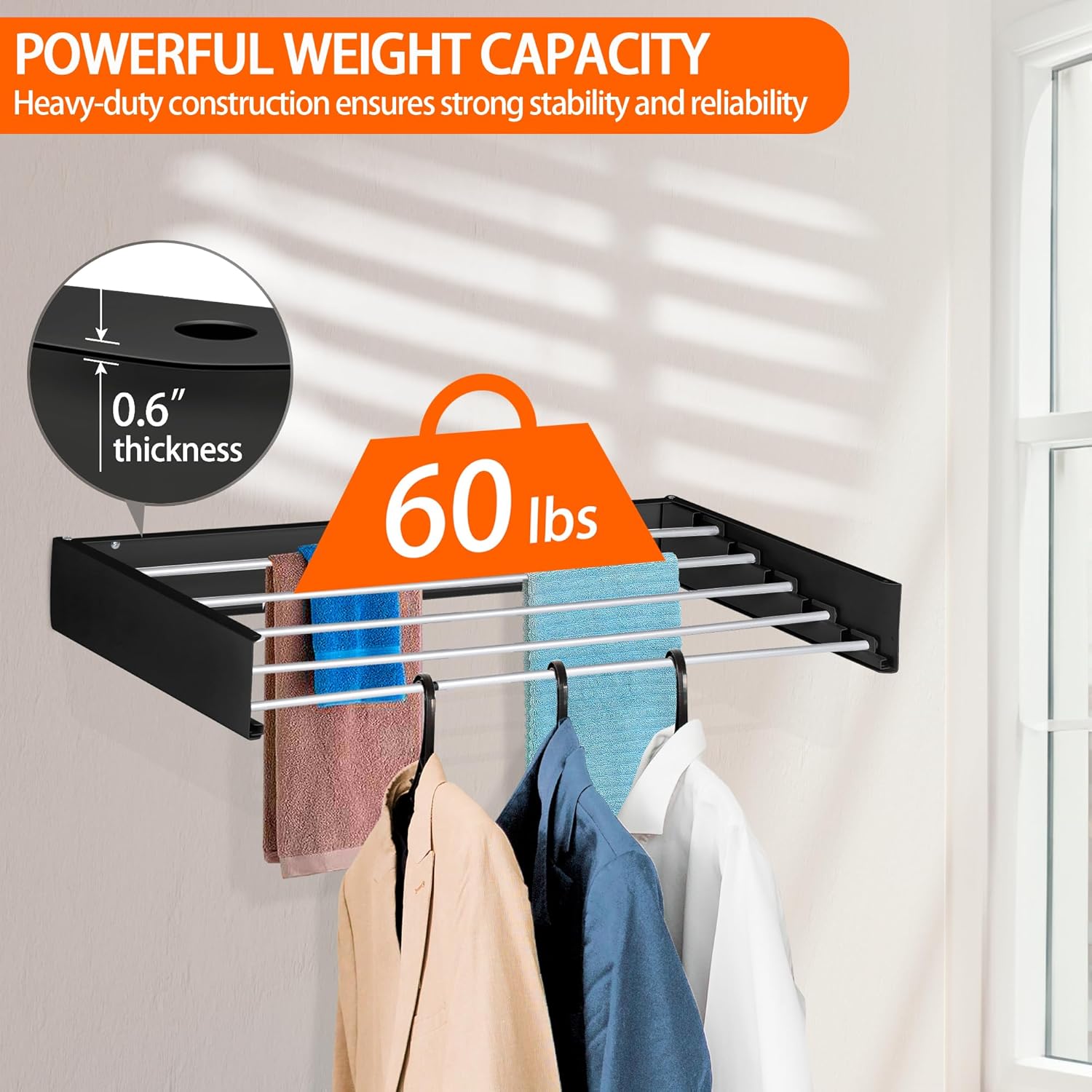 FOCHIER F Laundry Drying Rack Wall Mounted Clothes Drying Rack Collapsible with 5 Aluminum Rods and Drilling Template Long Screwdriver Bit 60 lbs Capacity (Black, 31.5")