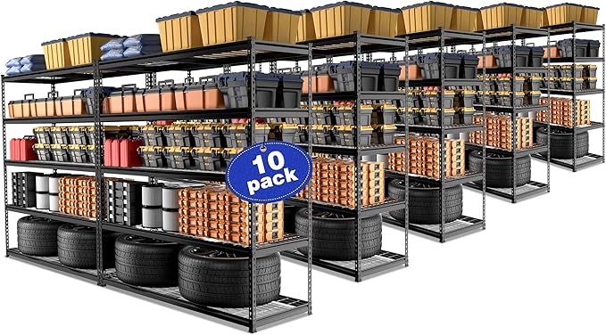 WORKPRO 5-Tier Metal Shelving Unit, 48”W x 24”D x 72”H, Heavy Duty Adjustable Storage Rack, 4000 lbs Load Capacity (Total), for Garage, Basement, Warehouse, 10 Pack