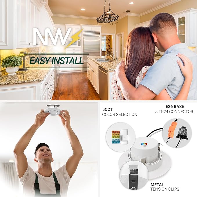 NUWATT 24 Pack 4 Inch Gimbal LED Recessed Lighting Retrofit, 4" Sloped Ceiling Light, 5 CCT 2700K/3000K/3500K/4000K/5000K, Dimmable, High Output 750LM, 10W, 90 CRI Eyeball Lights, Aluminum Trim, ETL