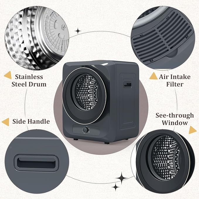 Auertech 1.5 Cu.Ft Portable Clothes Dryer, 850 W Front Load Electric Dryer Machine with Stainless Steel Drum, Simple Control Knob, Compact Tumble Dryer for Laundry Apartment, Dorm, RV, Grey