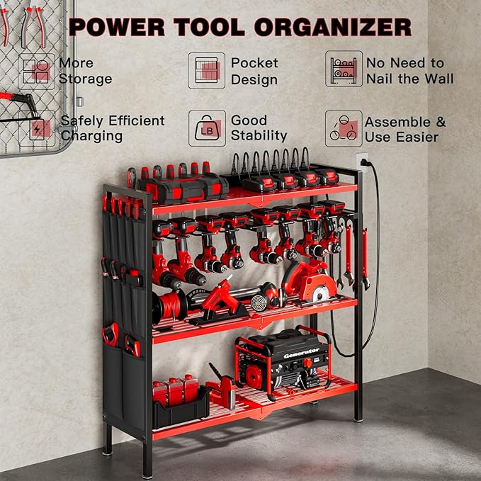 Large Power Tool Organizer Cart with Charging Station 8 Drill Holder Garage Storage Standing Heavy Duty and Stability Storage Rack Utility Tool Shelf (Red)