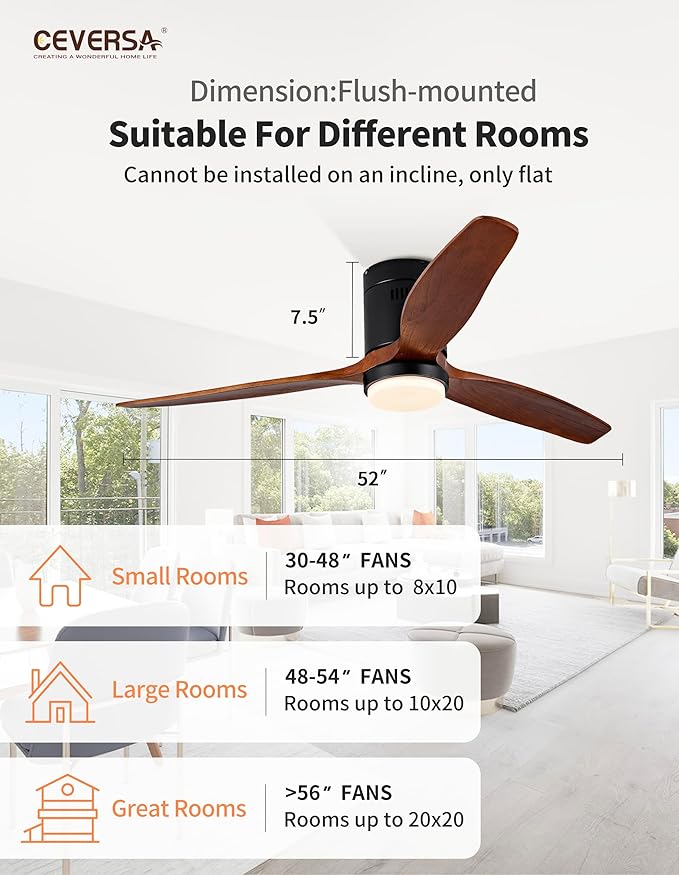 52 Inch Low Profile Ceiling Fans with Lights and Remote Control, Flush Mount Ceiling Fan with Lights, 3 Blades Solid Wood Hugger Easy Installation for Living Room, Bedroom, Farmhouse, Indoor