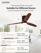 52 Inch Low Profile Ceiling Fans with Lights and Remote Control, Flush Mount Ceiling Fan with Lights, 3 Blades Solid Wood Hugger Easy Installation for Living Room, Bedroom, Farmhouse, Indoor