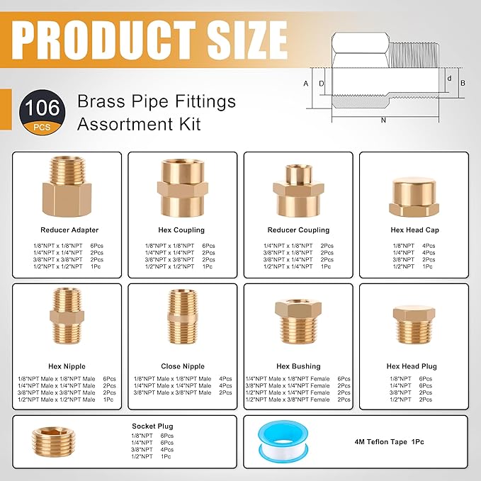 106PCS Brass Pipe Fittings Assortment Kit NPT Extension Adapter,Reducer Bushing,Hex Nipple,Close Nipple,Reducing Hex Coupling,Hex Head Plugs,Hex head Cap,Socket Plug Kit