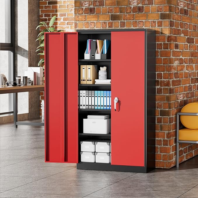 Greenvelly Metal Garage Storage Cabinet, 72" Black Red Tool Steel Locking Cabinets with Doors and 4 Shelves, Tall Cabinets for Garage Storage Systems Lockable File Cabinet for Home Office,Garage