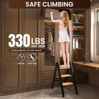 GameGem 3 Step Ladder, Aluminum Folding Step Stool with Anti-Slip Sturdy and Wide Pedal, Lightweight Portable Stepladder for Home and Kitchen Use Space Saving, 330 lbs, Black Woodgrain