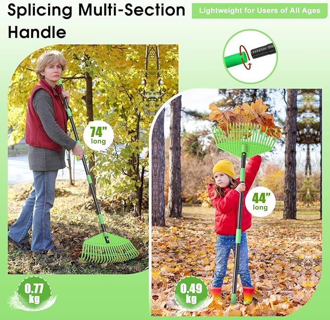 Garden Leaf Rake,16.5” Wide Plastic Leaf Rake for Lawn with 60” Long Handle, Plastic Yard Raking Tools for Lawn Turf Leaves Grass Thatch Debris Pine Needle Cleanup, Lightweight for Kid