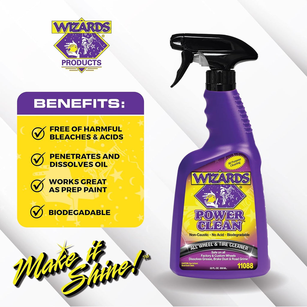 Wizards Power Clean Wheel and Tire Cleaner - Non Caustic and No Acid Biodegradable Interior Car Cleaner - Safe on All Kinds of Wheels - Dissolves Grease, Brake Dust and Road Grime - 22 oz