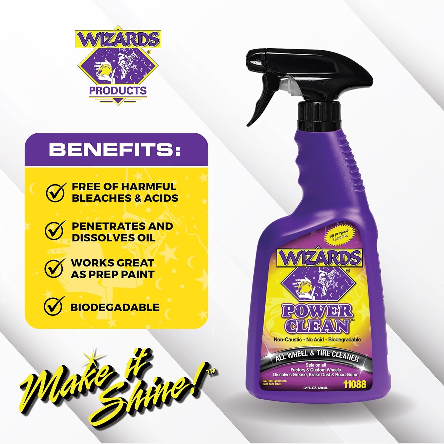 Wizards Power Clean Wheel and Tire Cleaner - Non Caustic and No Acid Biodegradable Interior Car Cleaner - Safe on All Kinds of Wheels - Dissolves Grease, Brake Dust and Road Grime - 22 oz
