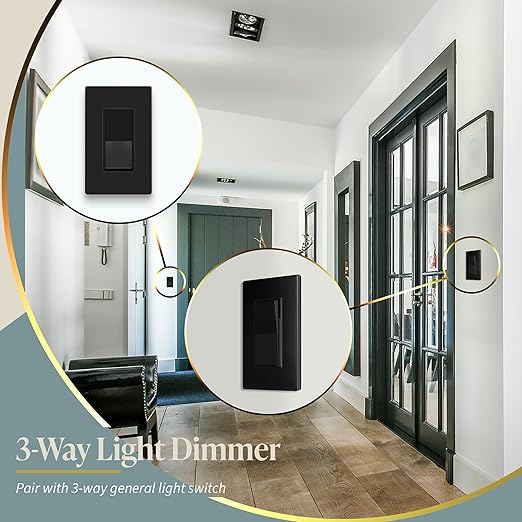 TOPGREENER Kalide Dimmer Light Switch, LED Dimmer Switch, Full Range Dimming, Single Pole/3-Way, 120VAC, 60Hz, 300W LED/CFL, Neutral Wire Not Required, Wall Plate Included, Black, 2 Pack